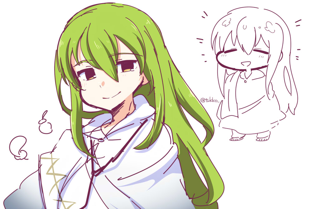 /\/\/\ 1boy :d androgynous bangs barefoot chibi closed_eyes closed_mouth enkidu_(fate/strange_fake) eyebrows eyebrows_visible_through_hair fate/strange_fake fate_(series) feathers green_hair hair_between_eyes legs_apart long_hair open_mouth orange_eyes robe simple_background smile solo standing straight_hair tsukko_(3ki2ne10) twitter_username upper_body white_background