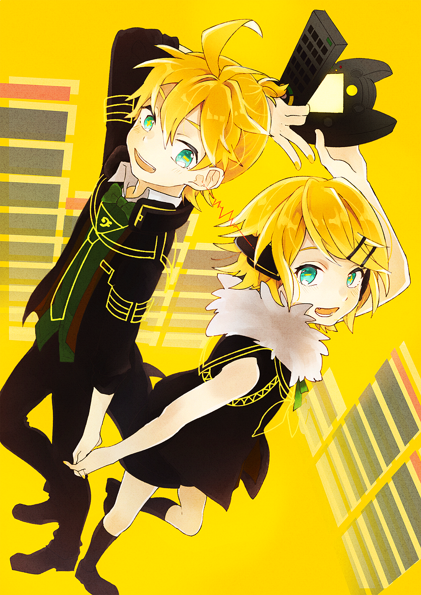 1boy 1girl blue_eyes controller game_console game_controller hand_holding kagamine_len kagamine_rin nail_polish project_diva_(series) project_diva_f reciever_(module) remote_control rimocon_(vocaloid) sega_dreamcast shoes short_hair short_ponytail simple_background transmitter_(module) vocaloid yellow_background yellow_nails