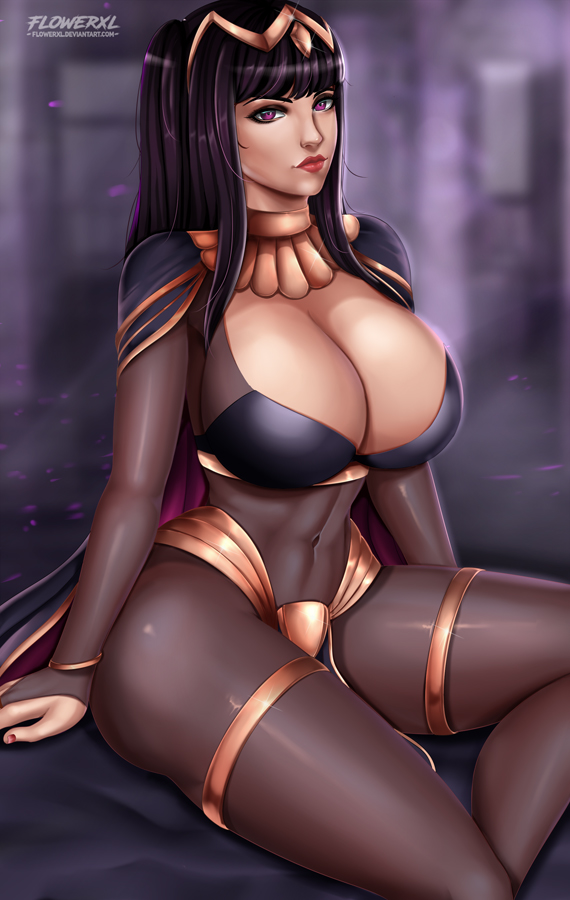 1girl bangle bangs black_hair bracelet breasts cape circlet cleavage collar covered_navel curvy fire_emblem fire_emblem:_kakusei fire_emblem_heroes flowerxl hair_ornament jewelry large_breasts magic necklace pinup sitting skin_tight tharja thighs tiara