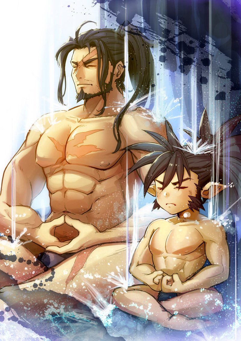 2boys abs beard black_hair closed_eyes closed_mouth facial_hair fundoshi granblue_fantasy harvin indian_style japanese_clothes jin_(granblue_fantasy) male_focus meditation multiple_boys mustache nipples pointy_ears ponytail scar sevilbarra sideburns sitting toned toned_male waku_(ayamix) water waterfall