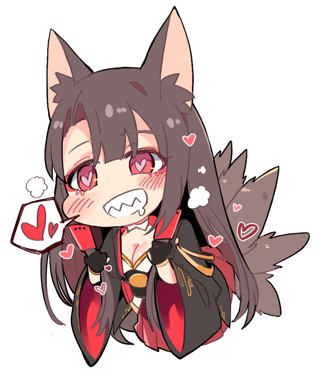 1girl akagi_(azur_lane) animal_ears azur_lane blush breasts brown_hair chibi cleavage commentary_request drooling fox_ears fox_tail grin heart heart-shaped_pupils highres long_sleeves medium_breasts obi red_eyes sash sharp_teeth simple_background smile solo spoken_heart symbol-shaped_pupils tail teeth tuxedo_de_cat white_background wide_sleeves