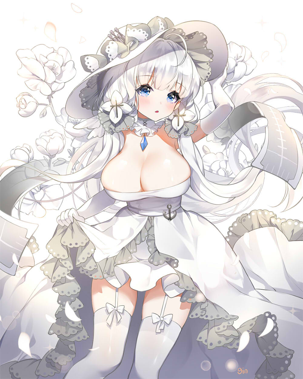 1girl ahoge artist_name azur_lane blue_eyes blush breasts cleavage cross cross_earrings earrings elbow_gloves eyebrows_visible_through_hair flower garter_straps gin2 gloves hair_flower hair_ornament hat highres illustrious_(azur_lane) jewelry large_breasts looking_at_viewer parted_lips solo thigh-highs twintails white_flower white_gloves white_hair white_hat white_legwear