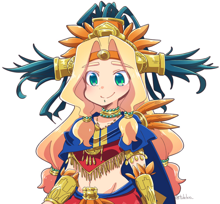 1girl aztec beads blonde_hair blue_cape blush bracer breasts cape chin_piercing closed_mouth collarbone eyebrows eyebrows_visible_through_hair eyes_visible_through_hair fate/grand_order fate_(series) green_eyes groin hair_beads hair_intakes hair_ornament headband headdress jewelry large_breasts long_hair low-tied_long_hair navel neck_ring piercing poncho quetzalcoatl_(fate/grand_order) simple_background smile solo stomach tsukko_(3ki2ne10) twitter_username under_boob white_background