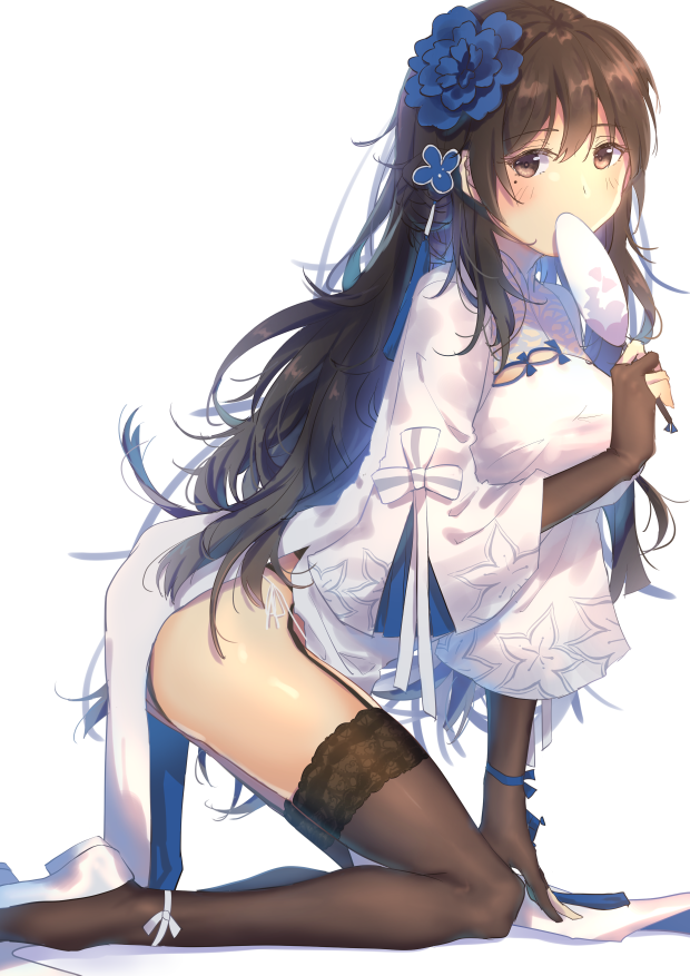 1girl alternate_costume arm_support ass bangs black_hair blue_ribbon blush breasts bridal_gauntlets brown_eyes brown_gloves brown_legwear china_dress chinese_clothes covered_mouth dress eyebrows_visible_through_hair fan flower garter_straps girls_frontline gloves hair_between_eyes hair_flower hair_ornament hairband holding holding_fan katee kneeling lace lace-trimmed_thighhighs large_breasts leaning_forward leg_ribbon long_hair looking_at_viewer messy_hair mole mole_under_eye panties paper_fan pelvic_curtain pumps qbz-95_(girls_frontline) ribbon side-tie_panties sidelocks simple_background solo thigh-highs thighs uchiwa underwear very_long_hair white_background white_footwear white_panties white_ribbon wide_sleeves wrist_ribbon