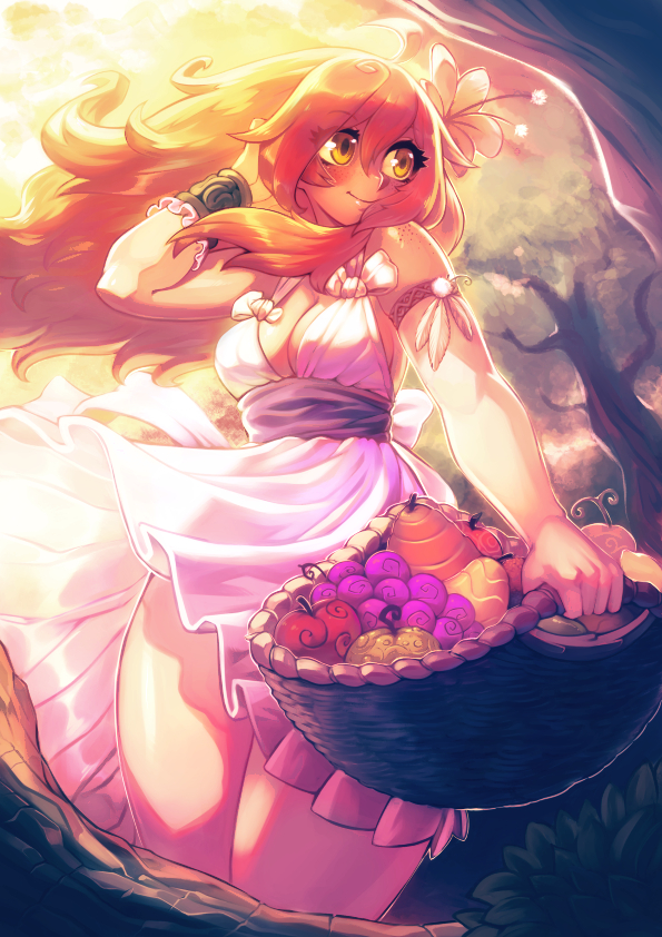 1girl armlet backlighting basket blush bracelet breasts cleavage commentary dress english_commentary flower food freckles fruit fruit_basket hair_flower hair_ornament hibiscus jewelry koi_drake long_hair medium_breasts original pink_hair smile solo sunset thick_thighs thighs white_dress wide_hips wind yellow_eyes