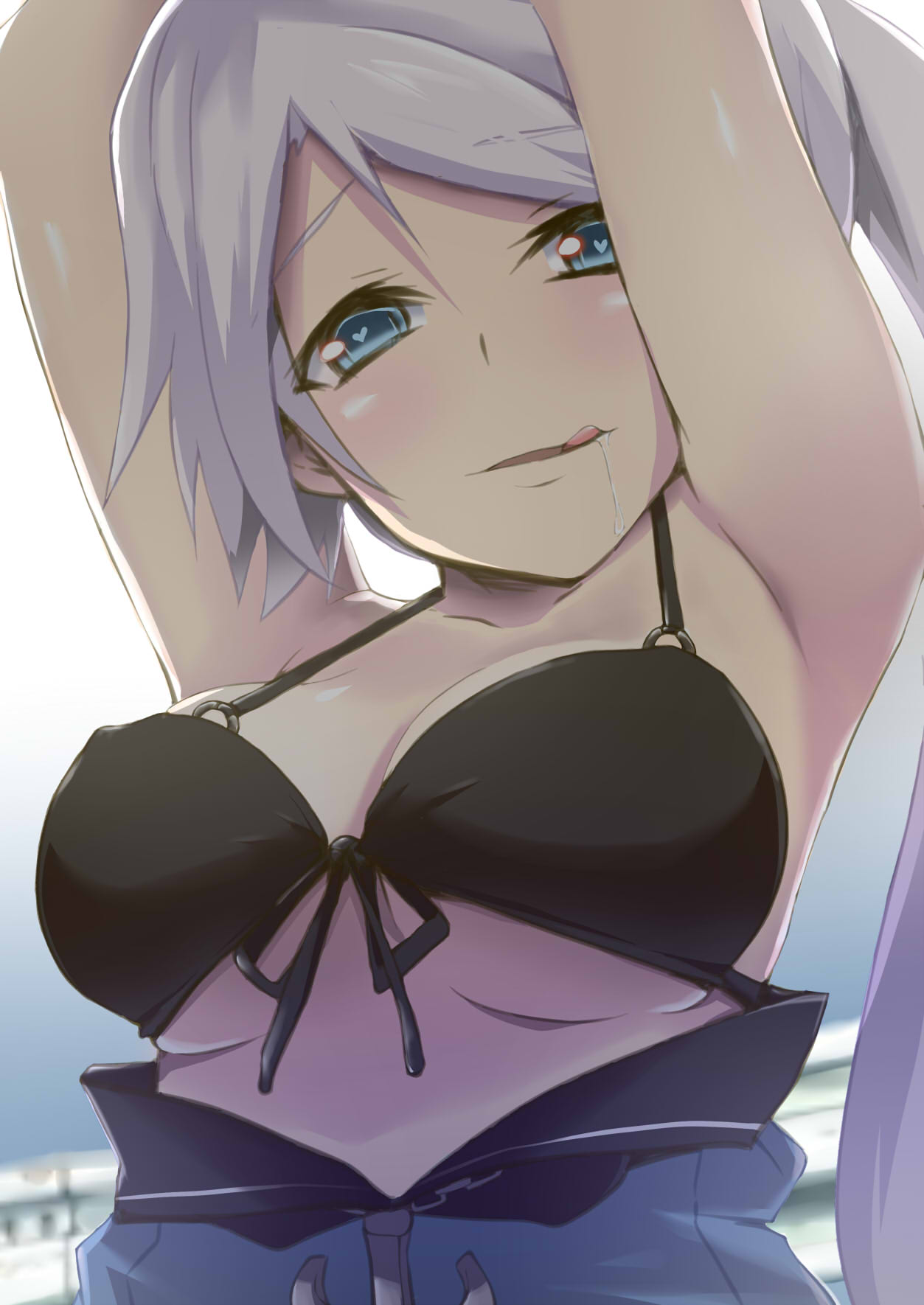 1girl :q ahoge anchor_symbol arms_up ashino_moto azur_lane bangs bare_shoulders bikini black_bikini blue_eyes blush breasts cleavage close-up drooling eyebrows_visible_through_hair front-tie_bikini front-tie_top grin heart heart-shaped_pupils heart_ahoge highres jacket jacket_pull large_breasts licking_lips long_hair looking_at_viewer mounting open_mouth portland_(azur_lane) rape_face saliva side_ponytail sidelocks silver_hair smile solo swimsuit symbol-shaped_pupils tongue tongue_out under_boob upper_body very_long_hair you_gonna_get_raped
