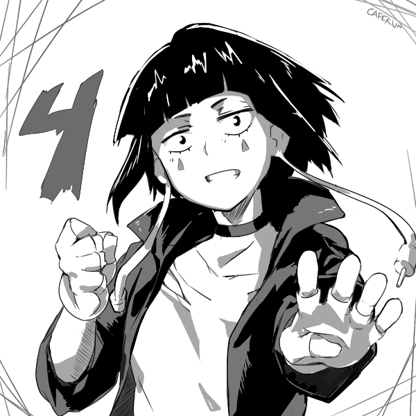 1girl boku_no_hero_academia cafekun clenched_hand countdown facial_mark fingerless_gloves gloves greyscale grin jirou_kyouka looking_at_viewer monochrome number short_hair smile solo