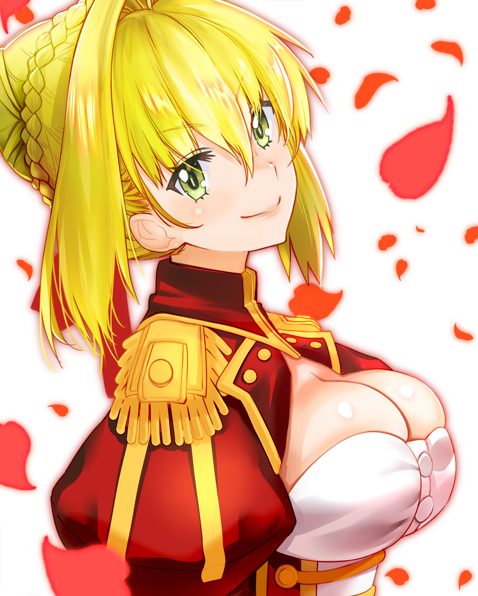 1girl bangs blonde_hair braid breasts bursting_breasts buttons cleavage closed_mouth epaulettes eyebrows eyebrows_visible_through_hair facing_away fate/extra fate_(series) french_braid green_eyes hair_between_eyes hair_intakes highres large_breasts looking_at_viewer nero_claudius_(fate) nero_claudius_(fate)_(all) petals short_hair simple_background single_braid smile solo soranaka_ame upper_body v-shaped_eyebrows white_background