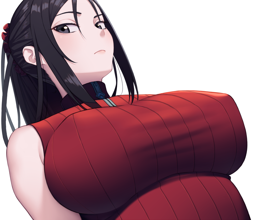 1girl amase_(yagami666) black_eyes black_hair breasts dutch_angle erect_nipples expressionless from_below kai_schren large_breasts lips long_hair looking_at_viewer ponytail portrait ribbed_sweater scrunchie senjou_no_valkyria_4 simple_background sleeveless solo sweater turtleneck white_background