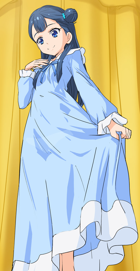 1girl blue_dress blue_eyes blue_hair closed_mouth dress hair_bun haruyama_kazunori hugtto!_precure long_hair looking_down precure smile solo standing yakushiji_saaya