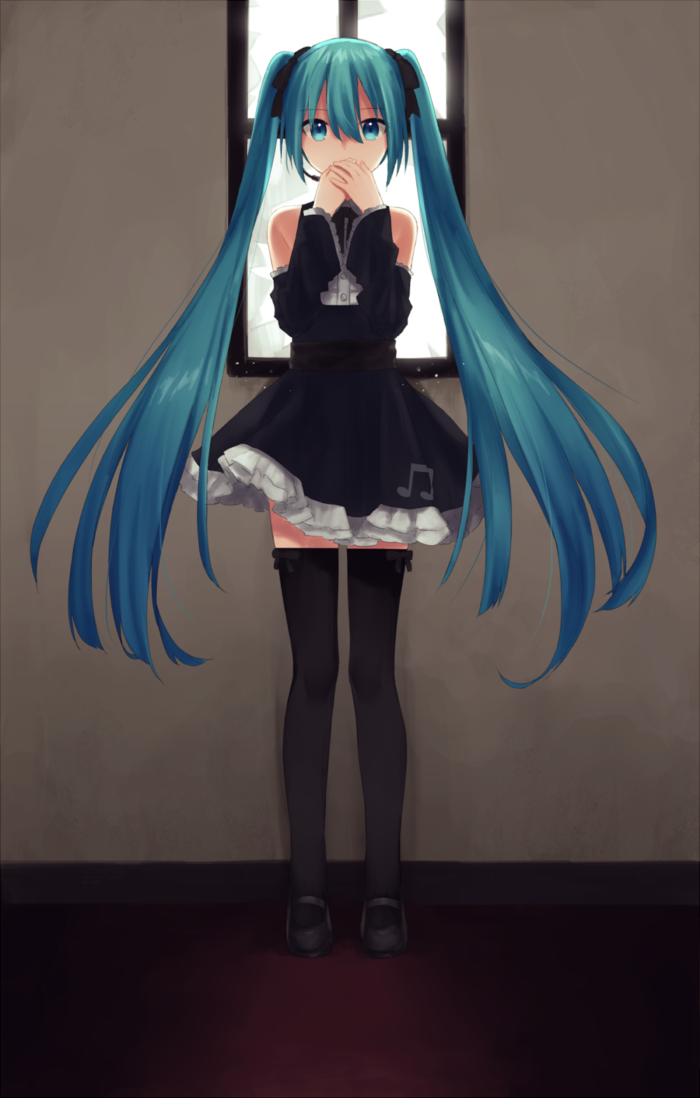 1girl bangs beamed_eighth_notes black_footwear black_legwear black_ribbon blue_eyes blue_hair broken_window covering_mouth detached_sleeves dress engawa_(l_sv) eyebrows_visible_through_hair frilled_dress frilled_sleeves frills full_body hair_between_eyes hair_ribbon hand_to_own_mouth hatsune_miku headset highres indoors long_hair looking_at_viewer mary_janes musical_note musical_note_print ribbon shoes solo standing thigh-highs twintails very_long_hair vocaloid window