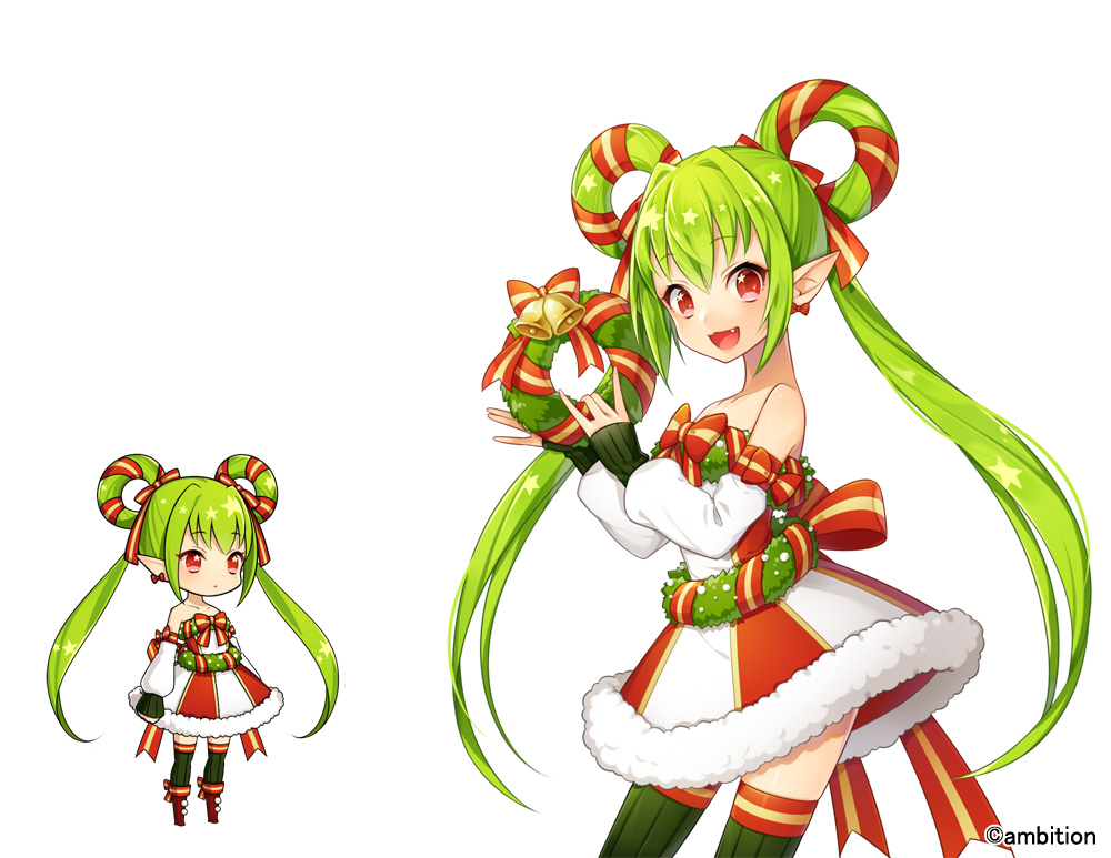 1girl :d aki_no_jikan arms_at_sides bare_shoulders bell bow earrings elf green_hair green_legwear hair_rings jewelry long_hair looking_at_viewer maru-kichi multiple_views official_art open_mouth pointy_ears red_bow red_eyes skirt smile standing striped striped_bow striped_skirt thigh-highs twintails watermark wreath