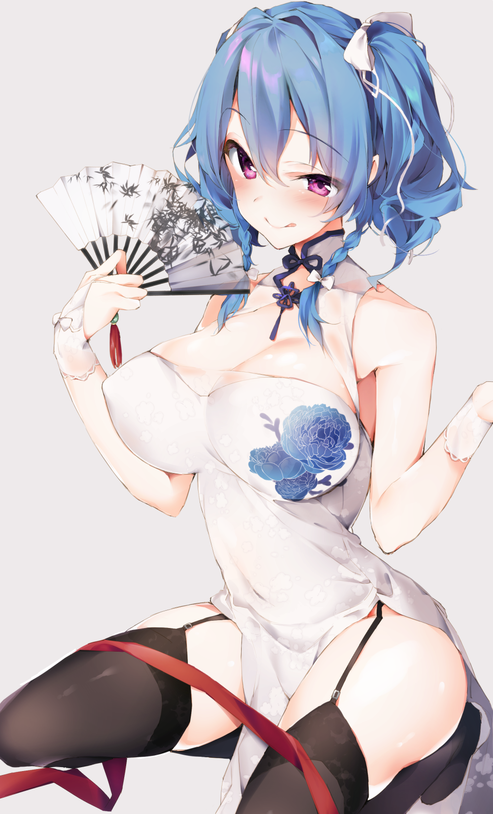 1girl :q azur_lane bangs black_legwear blue_hair blush bow braid breasts cleavage closed_mouth eyebrows_visible_through_hair fan folding_fan garter_straps grey_background hair_between_eyes hair_bow hands_up highres holding holding_fan kisaragi_kiriha kneeling large_breasts side_braid side_slit simple_background smile solo st._louis_(azur_lane) thigh-highs thighs tongue tongue_out twintails violet_eyes white_bow