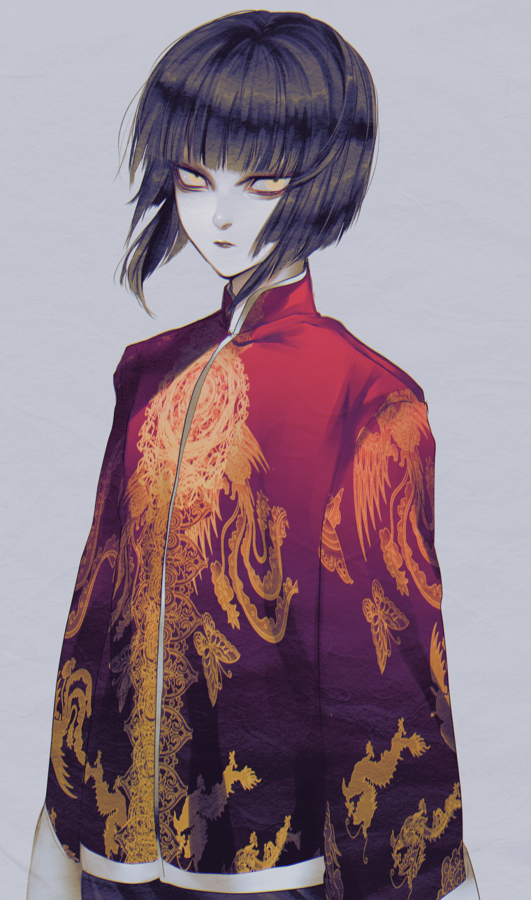 1boy androgynous bangs black_hair blunt_bangs chinese_clothes closed_mouth highres looking_at_viewer male_focus murayoshi_hikaru original solo yellow_eyes