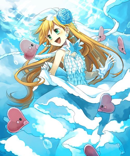 1girl :d alternate_hair_color alternate_hair_length alternate_hairstyle aqua_eyes blue_gloves blue_wedding_dress brown_hair commentary_request dress earrings flower gloves hair_flower hair_ornament jewelry kasumi_(pokemon) long_hair luvdisc open_mouth pokemon pokemon_(anime) sasairebun smile solo underwater wedding_dress