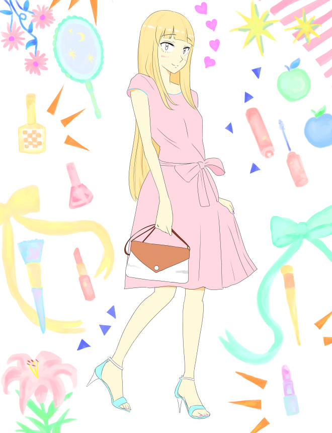 bag bangs blonde_hair blunt_bangs blush casual handbag katou_asuka long_hair sandals smile vinyl_(vinyyl_bag) watashi_ga_motenai_no_wa_dou_kangaetemo_omaera_ga_warui!