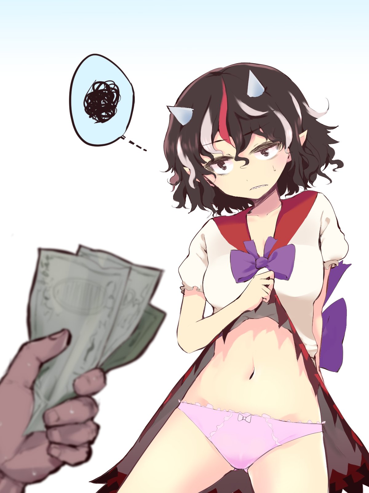 1girl black_hair bow collarbone commentary_request cowboy_shot eyebrows_visible_through_hair frills gluteal_fold gomeifuku gradient gradient_background hair_between_eyes hands highres holding_money horns kijin_seija lowleg lowleg_panties money multicolored_hair navel panties pink_bow pink_panties pointy_ears puffy_short_sleeves puffy_sleeves redhead sailor_collar sharp_teeth short_hair short_sleeves simple_background skirt skirt_lift spoken_squiggle squiggle streaked_hair sweatdrop teeth touhou underwear white_hair