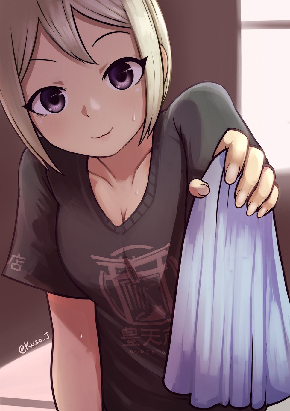 1girl black_shirt blush breasts cleavage collarbone eyebrows grey_eyes grey_hair highres holding holding_towel idolmaster idolmaster_cinderella_girls indoors jacy looking_at_viewer medium_breasts print_shirt shiomi_shuuko shirt short_hair short_sleeves smile solo sweat towel twitter_username