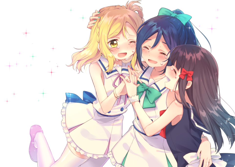 3girls :d ^_^ aqua_nails arm_around_neck arm_around_waist bangs black_hair blonde_hair blue_hair blush bow bowtie bracelet braid closed_eyes crown_braid crying dress friends frilled_dress frills girl_sandwich green_bow green_neckwear group_hug hair_bow hair_rings hand_holding hand_on_another's_head happy_tears hug idol interlocked_fingers jewelry komachi_pochi kurosawa_dia long_hair looking_at_another love_live! love_live!_sunshine!! matsuura_kanan multiple_girls nail_polish neck_ribbon ohara_mari one_eye_closed open_mouth pink_footwear ponytail purple_nails red_bow red_neckwear ribbon sailor_dress sandwiched sash scrunchie shoes simple_background sleeveless sleeveless_dress smile sparkle tears thigh-highs white_background white_legwear wrist_scrunchie