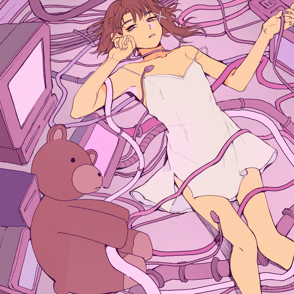 1girl armpits bare_shoulders cable computer dress highres iwakura_lain looking_at_viewer lying monitor on_back purple serial_experiments_lain short_hair strap_slip stuffed_animal stuffed_toy teddy_bear vacuumchan white_dress