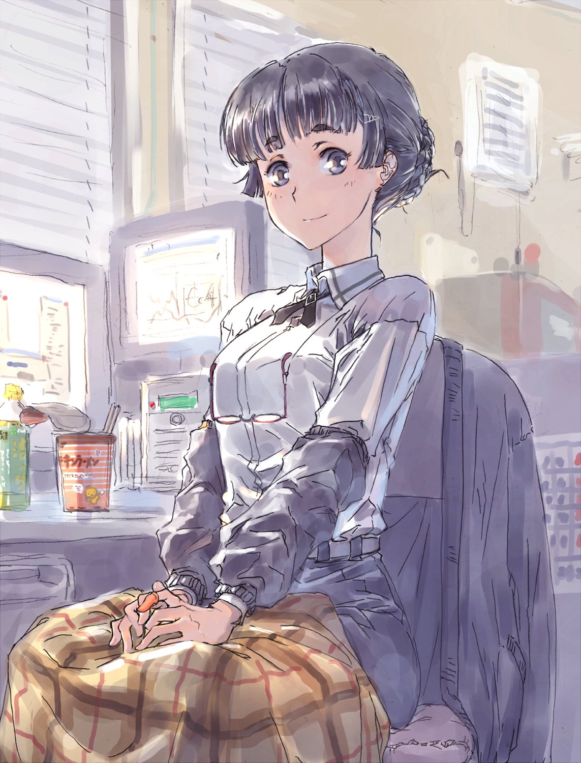 1girl bangs black_eyes black_hair black_skirt blunt_bangs bottle breasts calendar commentary cropped_legs hair_bun hair_ornament hairclip highres indoors instant_ramen jacket jacket_removed kantai_collection long_hair looking_at_viewer medium_breasts monitor myoukou_(kantai_collection) office_lady plaid_blanket shirt sitting skirt smile solo suzumaru white_shirt