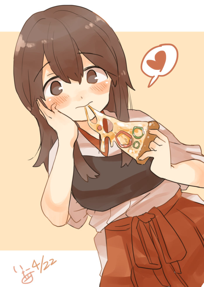 1girl akagi_(kantai_collection) blush brown_eyes brown_hair dated dutch_angle eating eyebrows_visible_through_hair food hakama_skirt hand_on_own_cheek heart holding holding_food ina_(1813576) japanese_clothes kantai_collection long_hair looking_at_viewer muneate pizza red_skirt signature skirt solo straight_hair