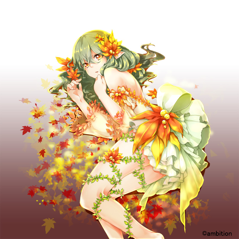 1girl back bare_shoulders barefoot breasts detached_sleeves flower green_hair hair_flower hair_ornament himekiss leaf long_hair looking_at_viewer lying maru-kichi official_art on_side orange_eyes pointy_ears small_breasts solo