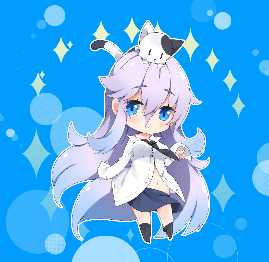 1girl absurdly_long_hair animal animal_on_head bangs black_legwear black_neckwear blue_eyes blue_skirt blush breasts cat cat_on_head chibi closed_mouth commentary_request eyebrows_visible_through_hair hair_between_eyes kneehighs kneehighs_pull long_hair long_sleeves looking_at_viewer medium_breasts milkpanda navel necktie no_shoes on_head original purple_hair shirt skirt sleeves_past_fingers sleeves_past_wrists solo sparkle very_long_hair white_shirt