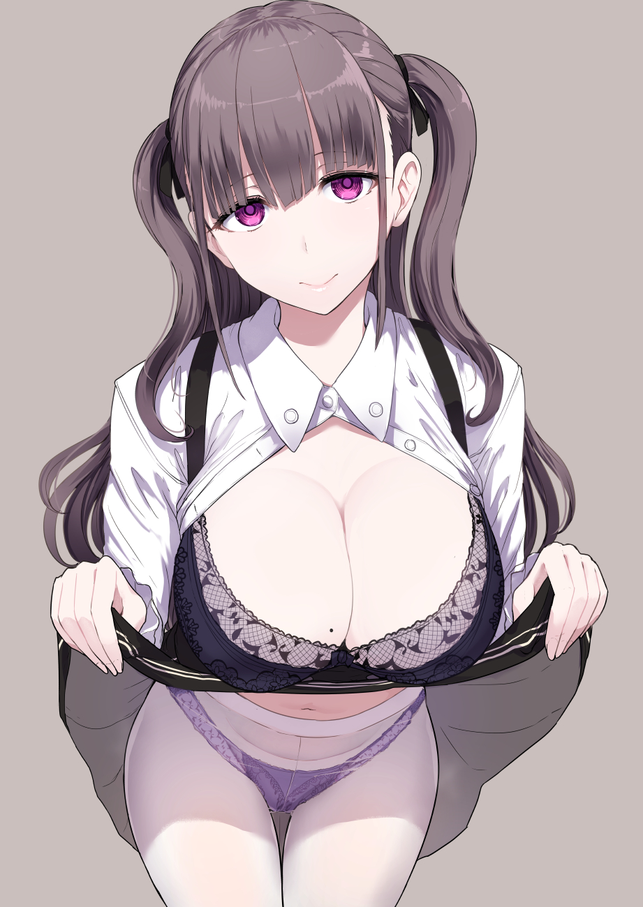 1girl bangs black_bra black_skirt bra breasts cleavage closed_mouth cowboy_shot dress_shirt grey_background grey_hair highres lace_trim large_breasts lifted_by_self long_hair looking_at_viewer makinose_makino makinose_makino_(character) miyamoto_issa mole mole_on_breast navel open_clothes open_shirt panties panties_under_pantyhose pantyhose purple_panties shirt sidelocks simple_background skirt skirt_lift smile solo tareme thighs two_side_up underwear violet_eyes virtual_youtuber white_legwear