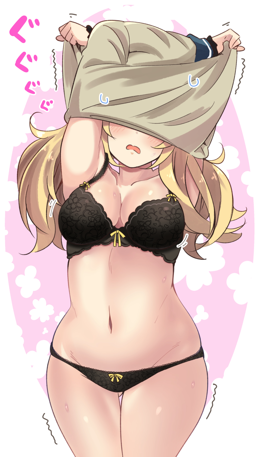 1girl armpits arms_up black_bra black_panties blonde_hair blush bra breasts cleavage collarbone commentary_request gambier_bay_(kantai_collection) gluteal_fold highres kantai_collection lace lace-trimmed_bra lace-trimmed_panties lingerie long_hair low_twintails medium_breasts motion_lines navel open_mouth panties solo standing stomach suzuki_toto sweatdrop thigh_gap thighs trembling twintails two-tone_background underwear undressing white_background