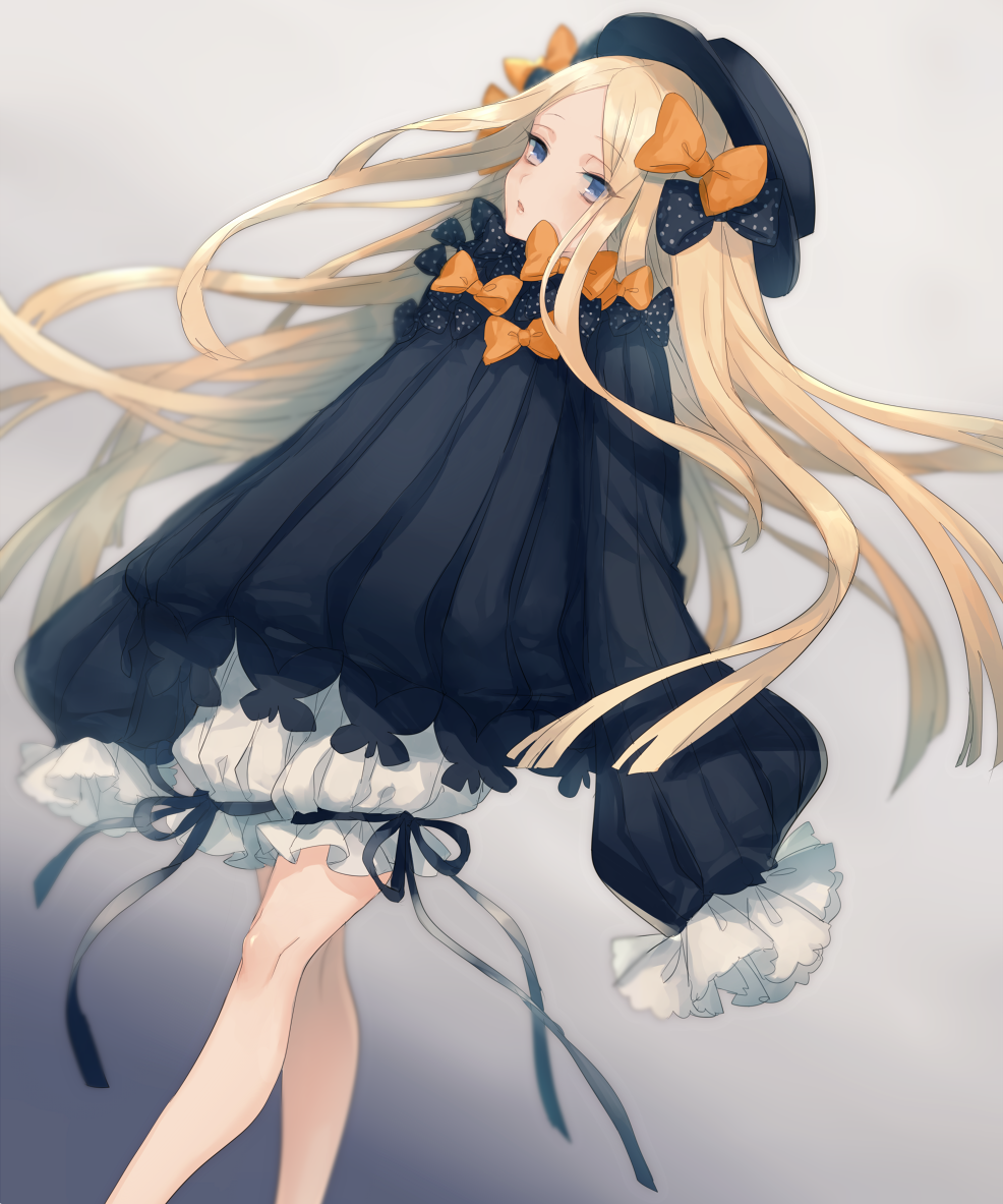 1girl abigail_williams_(fate/grand_order) asuda bangs black_bow black_dress black_hat blonde_hair bloomers blue_eyes blush bow bug butterfly dress eyebrows_visible_through_hair fate/grand_order fate_(series) forehead hair_bow hat insect long_hair long_sleeves orange_bow parted_bangs parted_lips polka_dot polka_dot_bow sleeves_past_fingers sleeves_past_wrists solo underwear very_long_hair white_bloomers