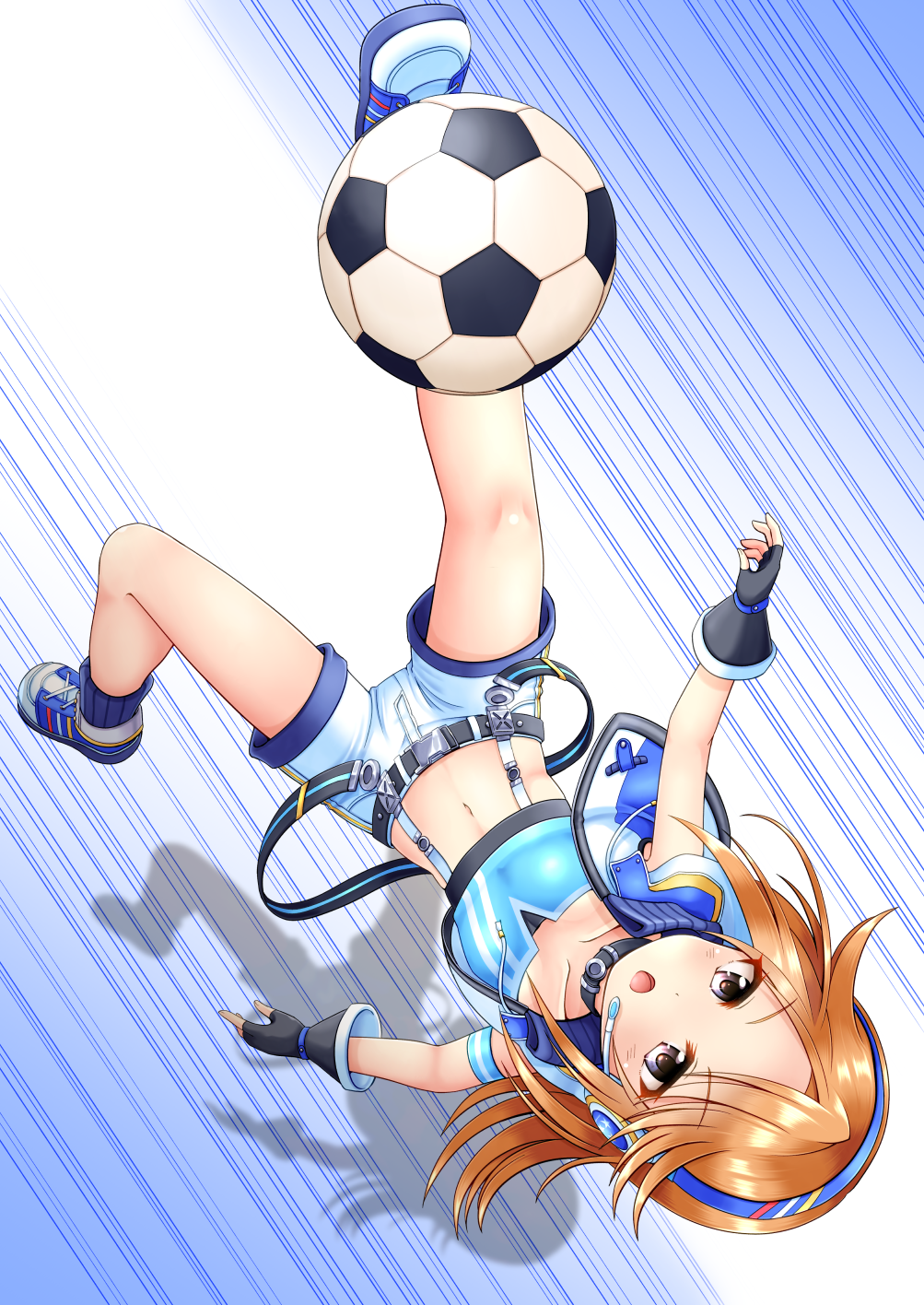1girl ball bangs black_gloves blue_footwear blue_legwear blue_shirt blue_vest blush breasts brown_eyes brown_hair collarbone commentary_request crop_top dutch_angle fingerless_gloves fingernails forehead full_body gloves headphones headset highres idolmaster idolmaster_cinderella_girls long_hair midriff navel open_clothes open_mouth open_vest parted_bangs regular_mow shirt shoes short_shorts shorts small_breasts sneakers soccer_ball socks solo speed_lines vest white_shorts yuuki_haru