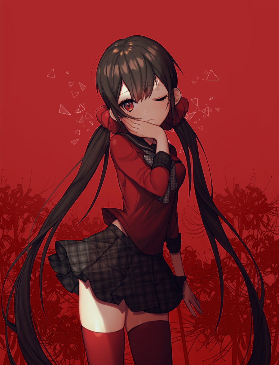 1girl bangs black_hair breasts contrapposto cowboy_shot dangan_ronpa eyebrows_visible_through_hair floral_background flower hair_ornament hand_on_own_face harukawa_maki long_hair long_sleeves looking_at_viewer low_twintails medium_breasts mole mole_under_eye new_dangan_ronpa_v3 one_eye_closed plaid plaid_skirt pleated_skirt raily red_background red_eyes red_legwear school_uniform serafuku shirt skirt solo spider_lily standing thigh-highs tsurime twintails very_long_hair zettai_ryouiki