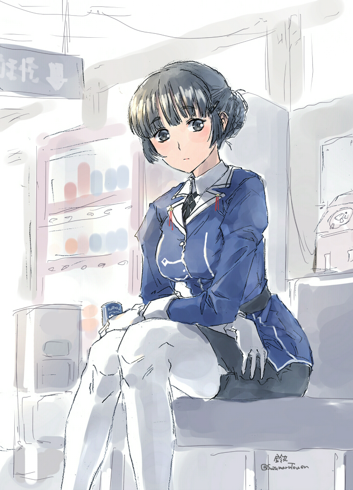 1girl artist_name black_eyes black_hair black_neckwear black_skirt can cropped_legs eyebrows_visible_through_hair gloves hair_bun hair_ornament hairclip holding holding_can kantai_collection long_hair looking_at_viewer myoukou_(kantai_collection) pantyhose phone remodel_(kantai_collection) rotary_phone sitting skirt solo suzumaru twitter_username vending_machine white_gloves white_legwear