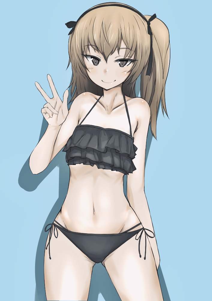 1girl arm_behind_back bangs bikini black_bikini black_ribbon blue_background brown_eyes closed_mouth cowboy_shot eyebrows_visible_through_hair frilled_bikini frills girls_und_panzer hair_ribbon light_brown_hair long_hair looking_at_viewer navel ngc20701 ribbon shadow shimada_arisu side-tie_bikini side_ponytail simple_background smile solo standing swimsuit w