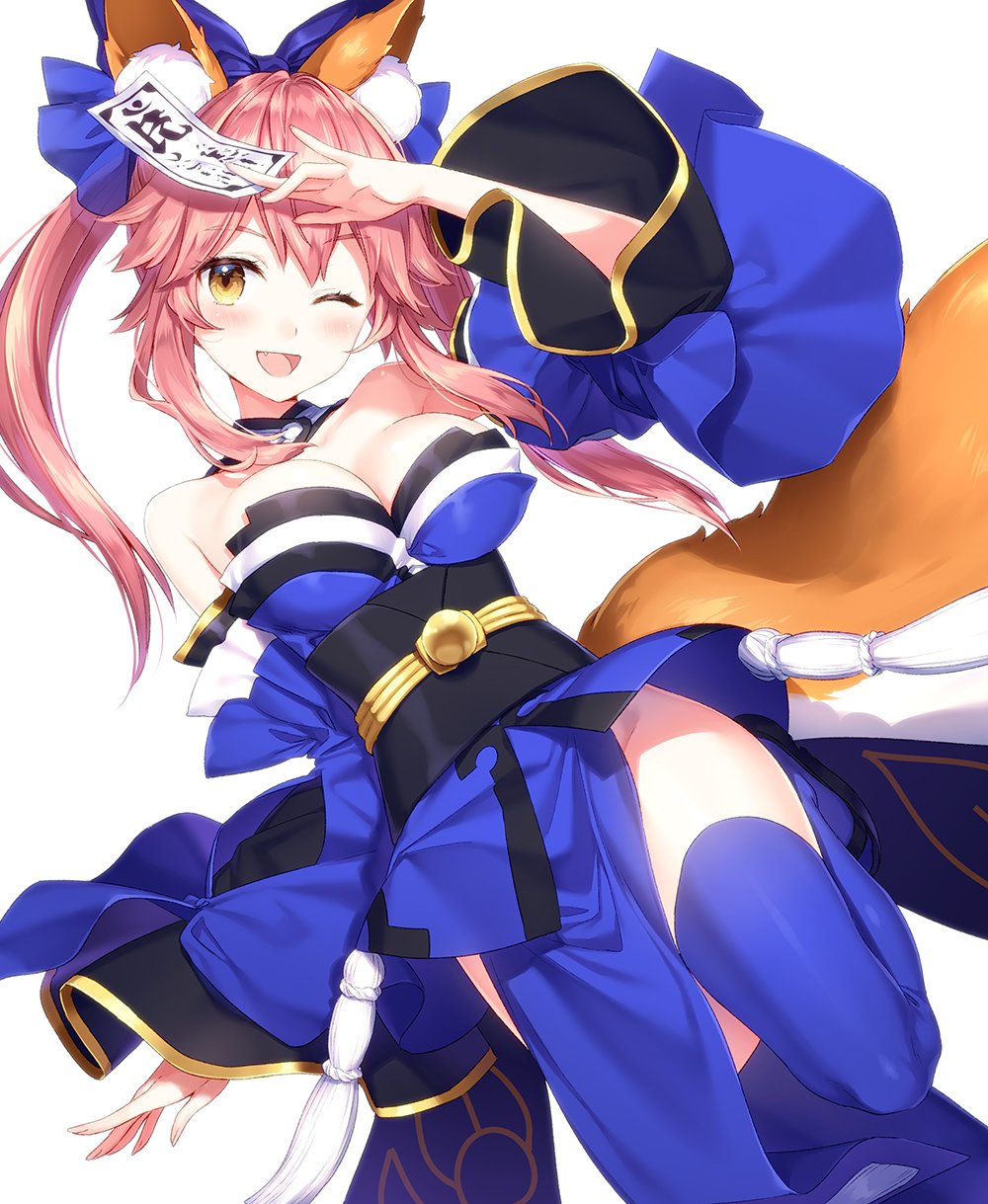 1girl ;d animal_ears bare_shoulders blue_bow blue_kimono blue_legwear blush bow breasts cleavage detached_collar detached_sleeves fangs fate/grand_order fate_(series) fox_ears fox_tail groin hair_bow highres japanese_clothes kimono large_breasts long_hair looking_at_viewer masuishi_kinoto no_panties ofuda one_eye_closed one_leg_raised open_mouth pink_hair simple_background smile solo standing standing_on_one_leg tail tamamo_(fate)_(all) tamamo_no_mae_(fate) twintails white_background wide_sleeves yellow_eyes