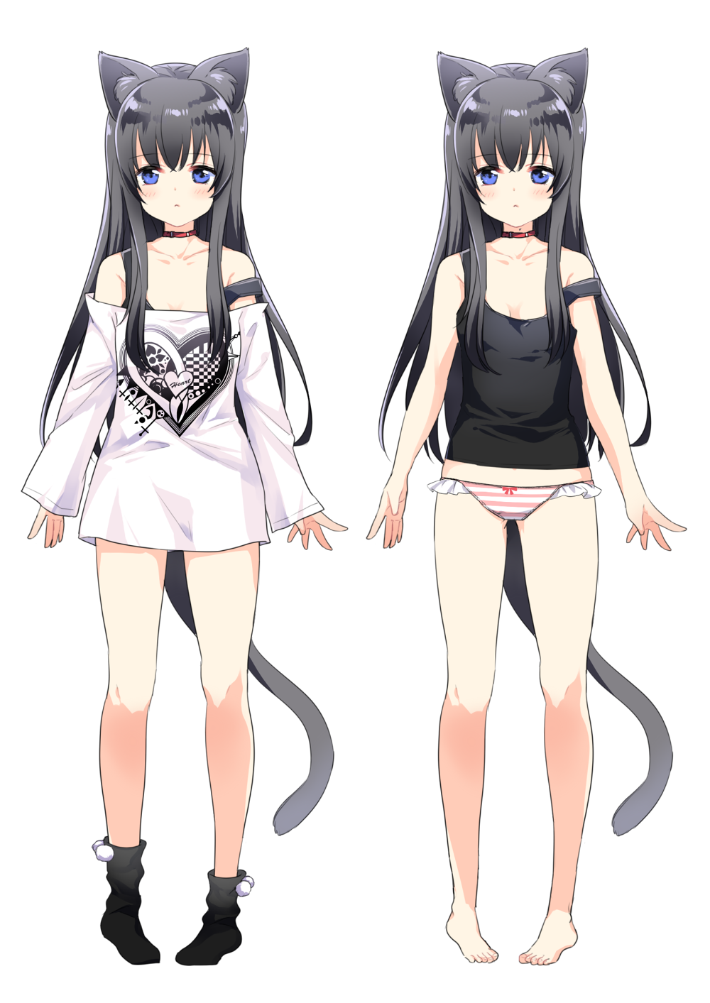 1girl animal_ears bangs bare_shoulders barefoot black_camisole black_hair black_legwear blue_eyes blush bow bow_panties camisole cat_ears cat_girl cat_tail collarbone eyebrows_visible_through_hair hair_between_eyes highres long_hair long_sleeves motohara_moka multiple_views off-shoulder_shirt original panties pigeon-toed pom_pom_(clothes) print_shirt red_collar shirt simple_background socks standing strap_slip striped striped_panties tail underwear very_long_hair white_background white_shirt