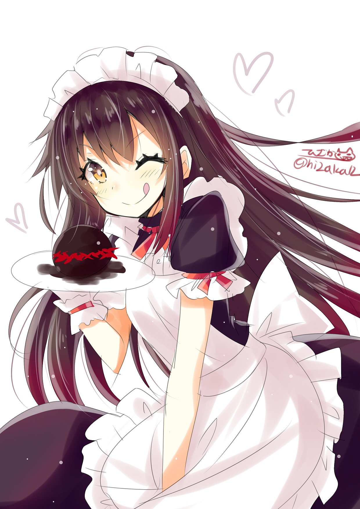 akagi_(kantai_collection) apron black_hair blush dress eyebrows_visible_through_hair food hair_between_eyes highres hizaka kantai_collection long_dress long_hair looking_at_viewer maid maid_apron maid_headdress one_eye_closed simple_background smile very_long_hair white_background yellow_eyes