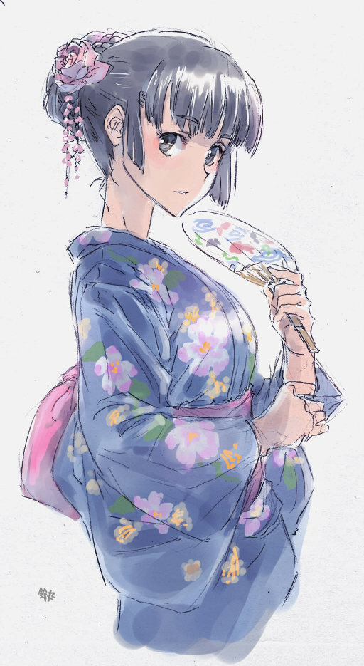 alternate_costume artist_name black_eyes black_hair blue_kimono eyebrows_visible_through_hair fan flower from_side hair_bun hair_flower hair_ornament holding holding_fan japanese_clothes kantai_collection kimono long_hair looking_at_viewer myoukou_(kantai_collection) simple_background suzumaru white_background yukata