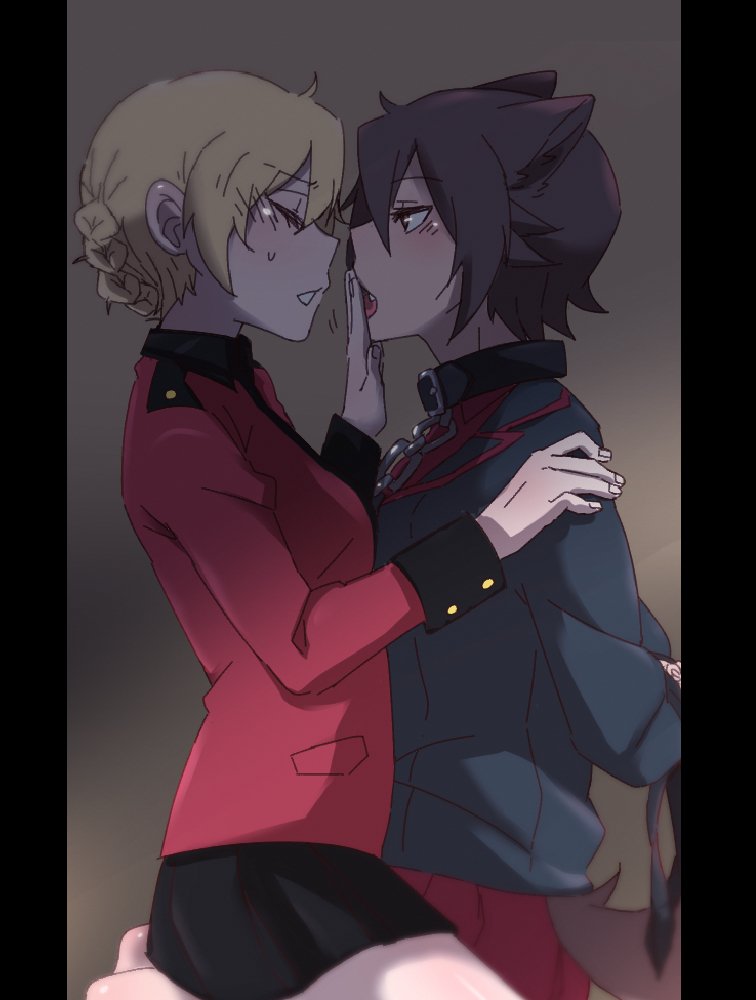 2girls animal_ears arms_behind_back bangs black_jacket black_skirt blonde_hair bound bound_arms braid brown_hair chains closed_eyes collar commentary darjeeling dog_collar dog_ears dog_tail epaulettes fang from_side girls_und_panzer half-closed_eyes hand_on_another's_mouth hand_on_another's_shoulder jacket kuromorimine_military_uniform lamen3000 long_sleeves military military_uniform miniskirt multiple_girls nishizumi_maho open_mouth pillarboxed pleated_skirt red_jacket red_skirt short_hair sitting skirt st._gloriana's_military_uniform straddling sweatdrop tail tied_hair twin_braids uniform upper_body