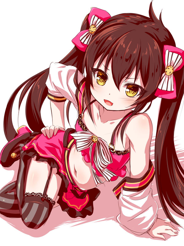 1girl :d arm_support bangs bare_shoulders black_legwear blush bow brown_eyes brown_hair collarbone commentary_request crop_top detached_sleeves eyebrows_visible_through_hair fingernails garter_straps hair_between_eyes hair_bow hand_on_hip high_heels idolmaster idolmaster_cinderella_girls long_hair long_sleeves matoba_risa midriff navel open_mouth pink_skirt shoes skirt smile solo striped striped_bow striped_legwear thigh-highs twintails vertical-striped_legwear vertical_stripes very_long_hair white_background yuku_(kiollion)