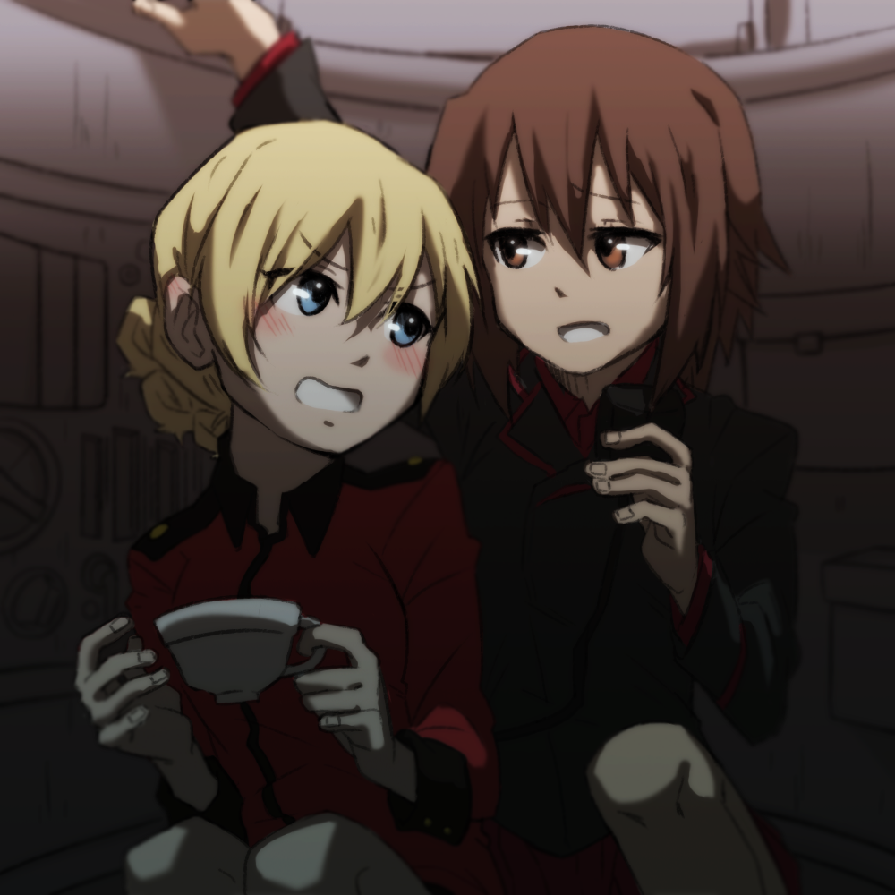 2girls bangs black_jacket blonde_hair blue_eyes blurry blurry_background blush braid brown_eyes brown_hair commentary cup darjeeling dark depth_of_field dress_shirt epaulettes frown girls_und_panzer grimace holding holding_cup jacket kuromorimine_military_uniform lamen3000 long_sleeves looking_at_another military military_uniform multiple_girls nishizumi_maho red_jacket red_shirt shirt short_hair side-by-side sitting st._gloriana's_military_uniform tank_interior teacup tied_hair twin_braids uniform v-shaped_eyebrows