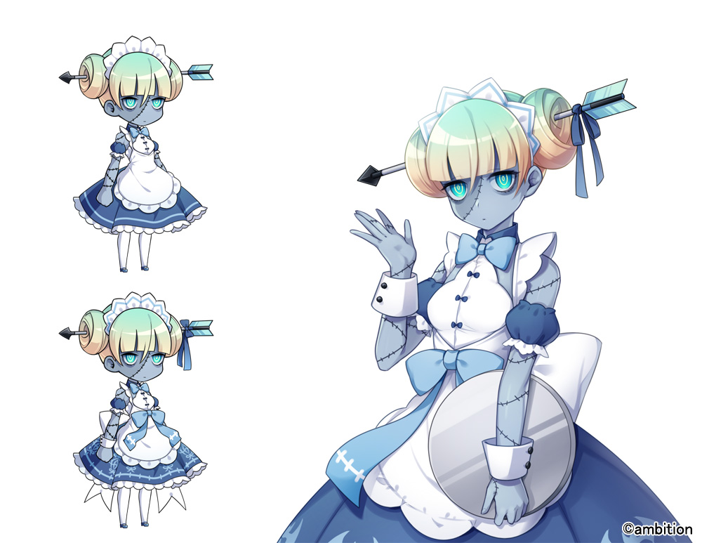 1girl aki_no_jikan armband arms_at_sides arrow bangs blonde_hair blue_bow blue_dress blue_eyes blue_neckwear blunt_bangs bow bowtie chibi double_bun dress gradient_hair grey_skin hand_up holding holding_tray looking_at_viewer maru-kichi monster_girl multicolored_hair multiple_views official_art standing stitches tray waitress watermark white_legwear wrist_cuffs zombie