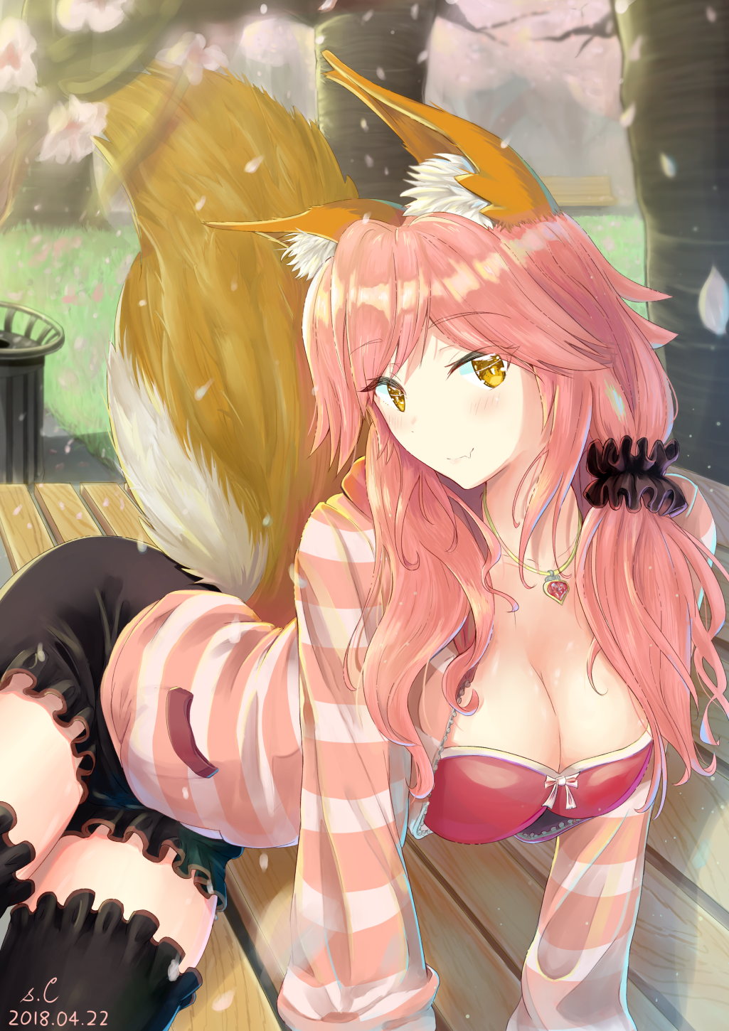 1girl all_fours animal_ears black_legwear blush bra breasts cleavage collarbone dated detached_sleeves fang fate/extra fate_(series) fox_ears fox_tail highres jewelry large_breasts long_hair looking_at_viewer nature necklace open_clothes open_shirt outdoors petals pink_bra pink_hair s.claw shirt solo striped striped_shirt tail tamamo_(fate)_(all) tamamo_no_mae_(fate) thigh-highs tree underwear yellow_eyes