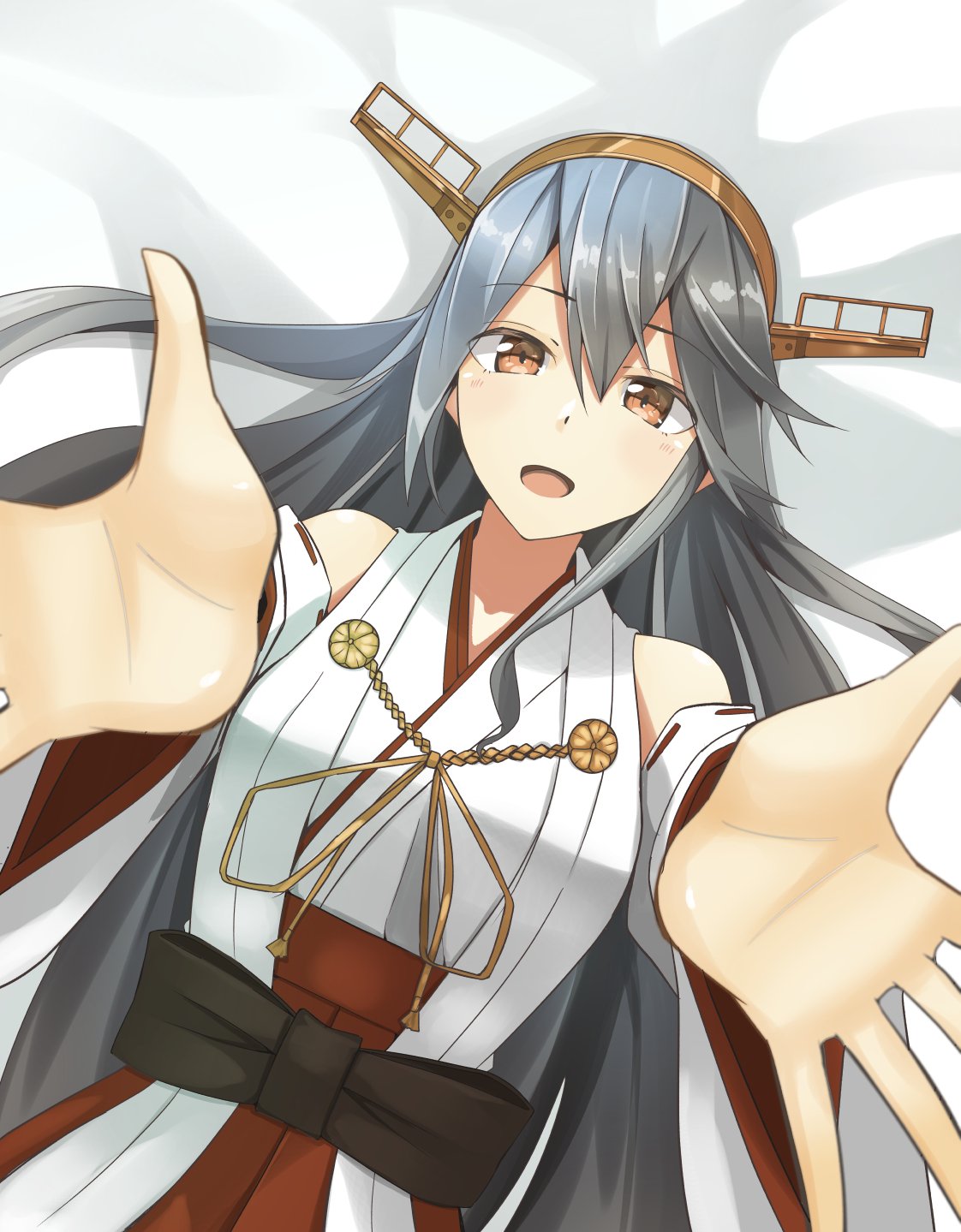 1girl :d bare_shoulders black_hair breasts close-up commentary detached_sleeves eyebrows_visible_through_hair hair_between_eyes haruna_(kantai_collection) headgear highres kantai_collection large_breasts long_hair looking_at_viewer negahami nontraditional_miko open_mouth outstretched_arms remodel_(kantai_collection) smile solo