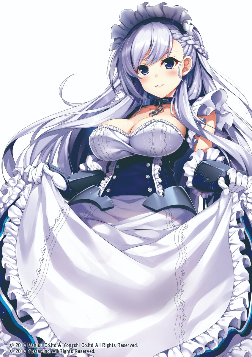 1girl apron apron_lift azur_lane belfast_(azur_lane) blue_eyes braid breasts cleavage commentary_request french_braid highres long_hair looking_at_viewer maid maid_apron maid_headdress parted_lips raiou silver_hair simple_background smile solo white_background