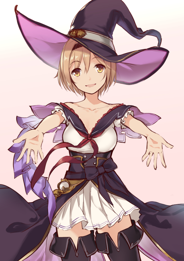 1girl :d akanebi black_bow black_cape black_footwear black_hairband black_hat blonde_hair boots bow breasts cape collarbone cowboy_shot granblue_fantasy hairband hat head_tilt looking_at_viewer medium_breasts miniskirt neckerchief open_mouth pink_background pleated_skirt red_neckwear short_hair short_sleeves simple_background sketch skirt smile solo standing thigh-highs thigh_boots waist_cape white_skirt witch_hat yellow_eyes zettai_ryouiki