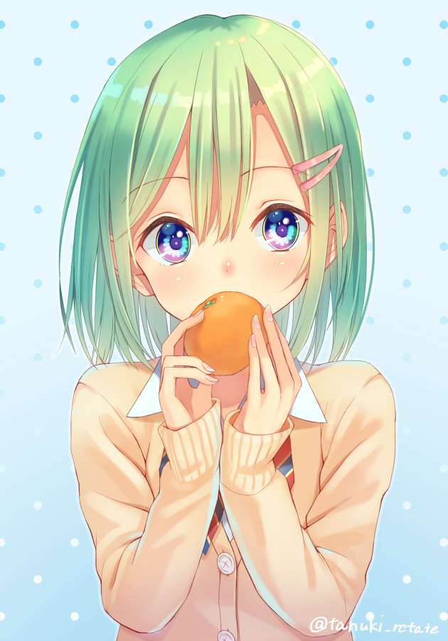 1girl bangs blue_eyes blush buttons covering_mouth eyebrows_visible_through_hair fingernails food fruit gradient gradient_background green_hair hair_ornament hairclip long_sleeves looking_at_viewer mandarin_orange multicolored multicolored_eyes nose_blush original polka_dot polka_dot_background school_uniform shiny shiny_hair shiroi_tanuki short_hair sleeves_past_wrists solo tareme twitter_username two-handed upper_body violet_eyes wing_collar yellow_cardigan