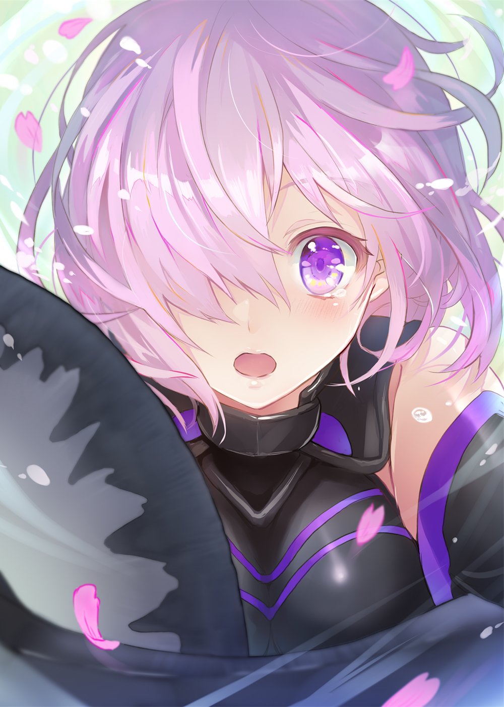 1girl armor bare_shoulders black_armor blush commentary_request eyebrows_visible_through_hair fate/grand_order fate_(series) hair_between_eyes highres holding holding_shield holding_weapon looking_at_viewer mash_kyrielight one_eye_covered open_mouth petals purple_hair shield short_hair solo tears violet_eyes weapon yuuki_yuchi