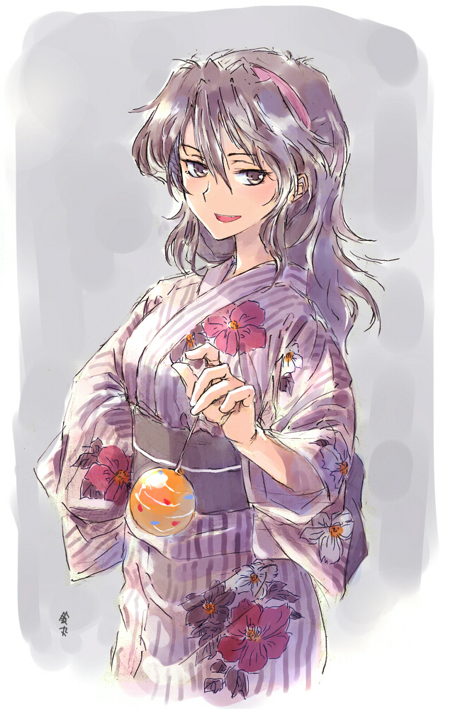 1girl alternate_costume artist_name ashigara_(kantai_collection) brown_eyes brown_hair cowboy_shot fangs hair_between_eyes hairband japanese_clothes kantai_collection kimono long_hair looking_at_viewer purple_kimono smile solo suzumaru wavy_hair yukata